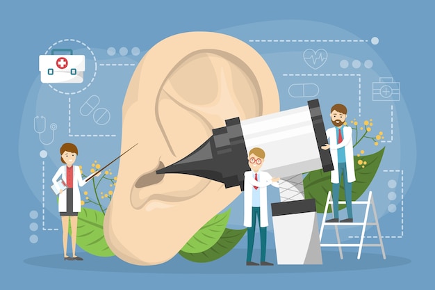 ベクトル doctoreは、耳検査のコンセプトを作ります。治療の考え方