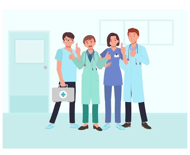 Doctors characters set Group of hospital medical staff standing together Male and female medicine workers Flat vector illustration