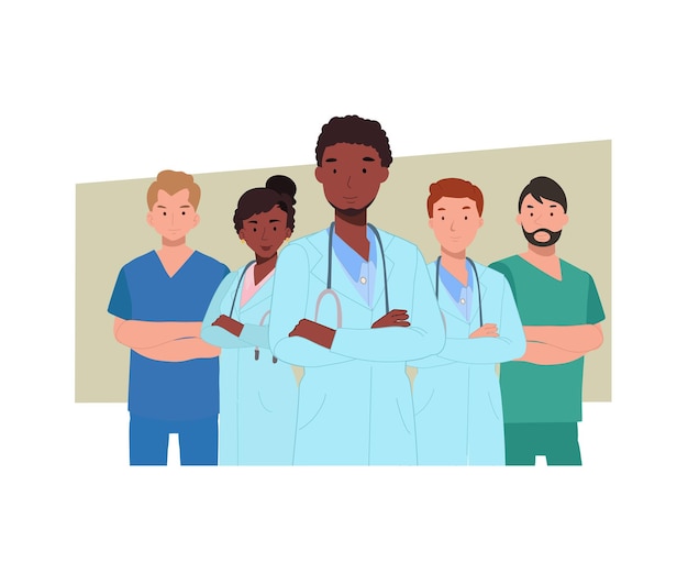 Vector doctors characters set group of hospital medical staff standing together male and female medicine workers flat vector illustration