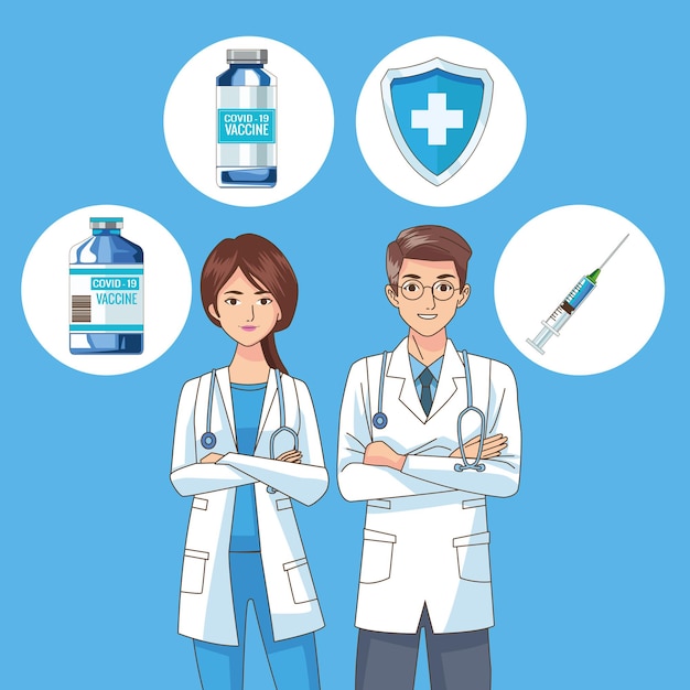 Doctors couple characters with  vaccine icons  illustration