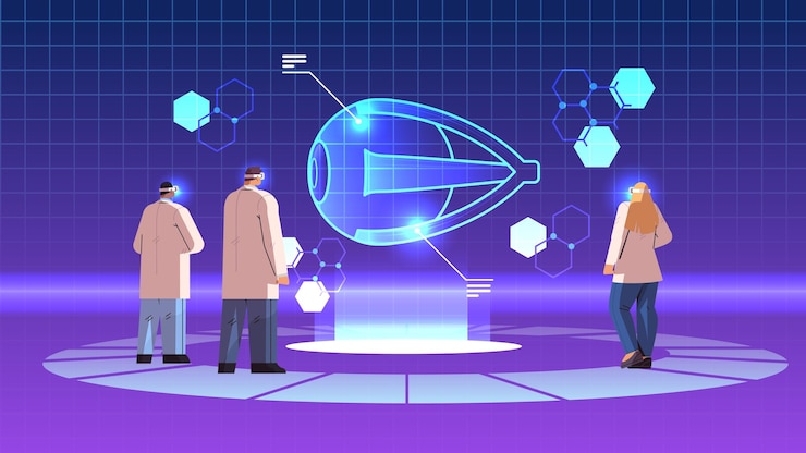 Vector doctors in digital glasses looking at virtual detailed explanation anatomical eye internal organ vr vision metaverse