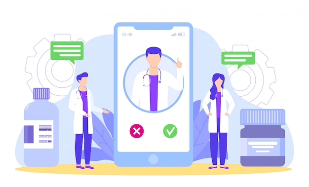Вектор Доктора обсуждают с куратором диагнозом телефона и иллюстрацией медицинского лечения.