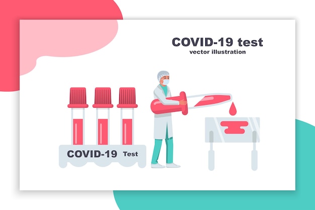 医師は、covid19テスト用の血液サンプルで新しいコロナウイルス試験管の血液サンプルを調べますベクトル図フラットデザイン白い背景で隔離医師の手でサンプル