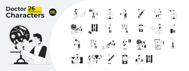 Doctors flat line black white vector characters bundle Editable isolated outline people Consultations and treatments simple cartoon style spot images collection for web graphic design