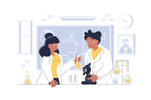 Doctors in glasses working at laboratory vector illustration scientists doing research and experiments at medical lab with special equipment flat style concept