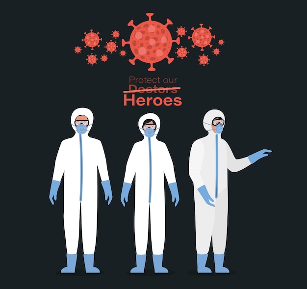 Doctors heroes with protective suits masks and glasses against 2019 ncov virus design of covid 19 disease symptoms and medical theme vector illustration