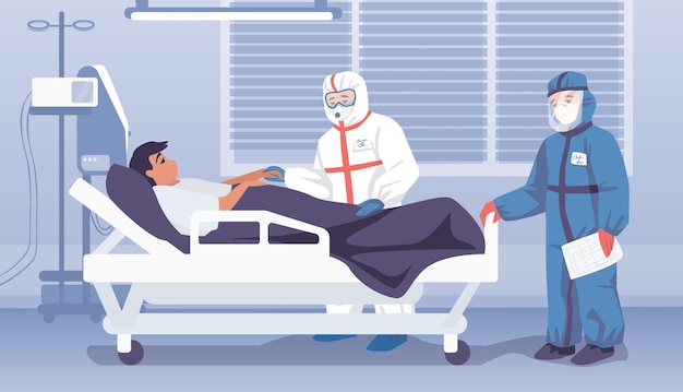 Doctors in hospital Medical workers in personal protective suits Patient lies on bed in hospital ward Overalls mask and goggles for employees Vector infectious and viral diseases