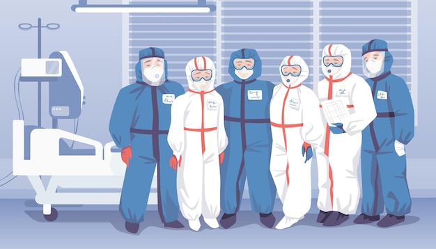 Doctors in hospital Medical workers wearing uniform people in overalls and goggles Clothing for clinic staff working with infectious patients Protection suits vector illustration