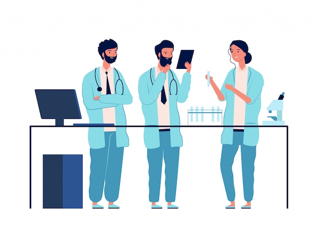 Vector doctors lab. scientists characters standing near laboratory table make analysis medical or chemical education flat pictures