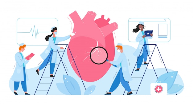 I medici in laboratorio ricercano l'illustrazione piana di vettore di concetto medico di sanità dell'organo del cuore. cardiologi uomini donne controllano il cardiogramma, determinano la diagnosi del trattamento della malattia. ricerca in farmacia