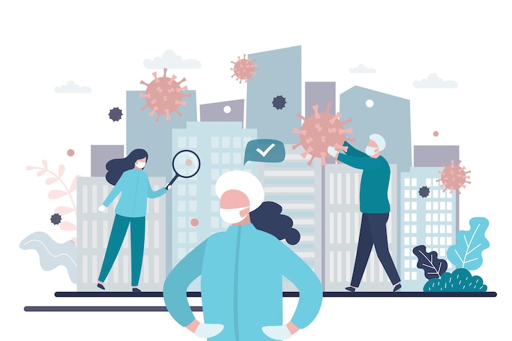 Vector doctors or medical staff stops spread of virus and disease virus research and vaccine development