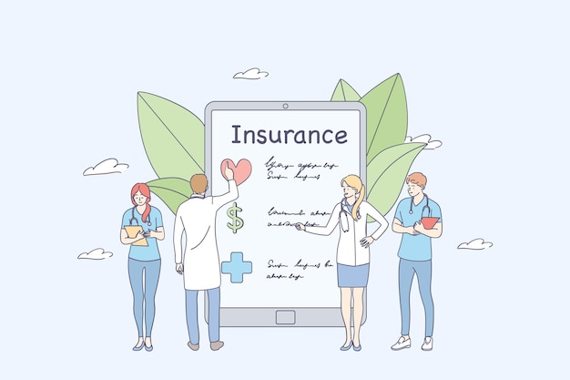 Vector doctors medical worker cartoon characters standing near health insurance contact on smartphone screen filling medical document form concept