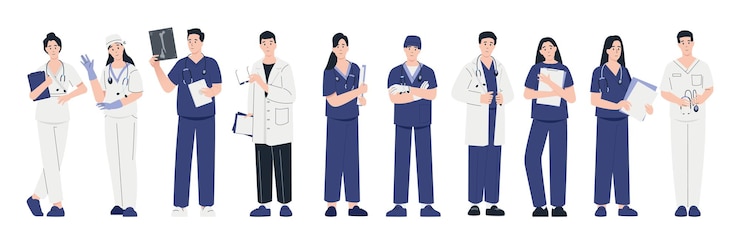 Vector 医師と医療従事者白衣を着た医師と看護師が治療とケアを行う制服を着た漫画の医療従事者ベクトルセット男性と女性の専門労働者
