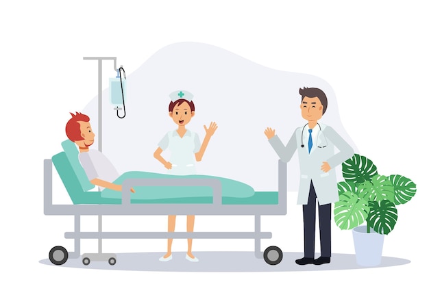 Vector doctors and nurse are visiting patients in ward.man lying in bed in hospital room. flat vector cartoon character illustration.