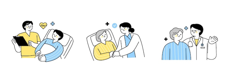 Vector 의사 들 과 간호사 들 은 입원 한 환자 들 의 손 을 잡고 친절 한 설명 을 하고 있다