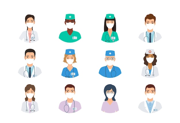 Doctors and nurses avatars in medical masks vector illustration