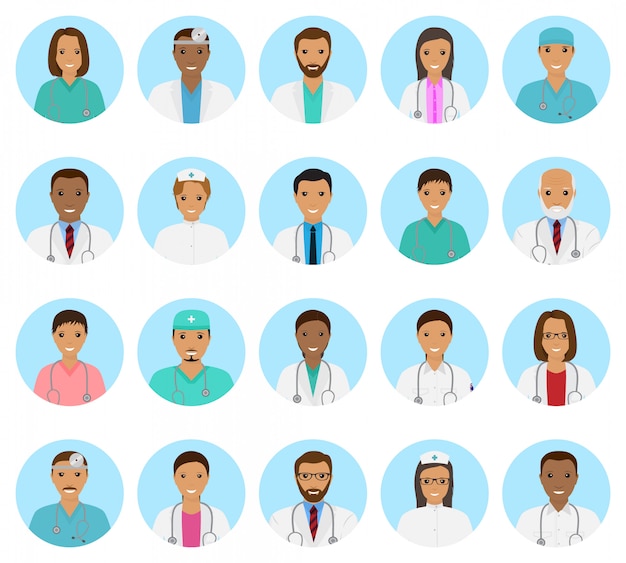 Set di avatar di personaggi di medici e infermieri. icone di persone mediche di volti su uno sfondo blu.