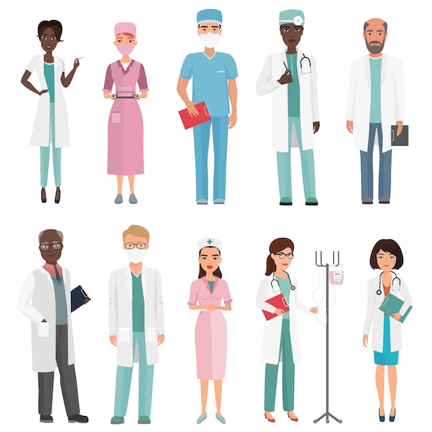 Врачи, медсестры и медицинский персонал. Медицинская команда концепция в мультфильма плоский дизайн людей характер.
