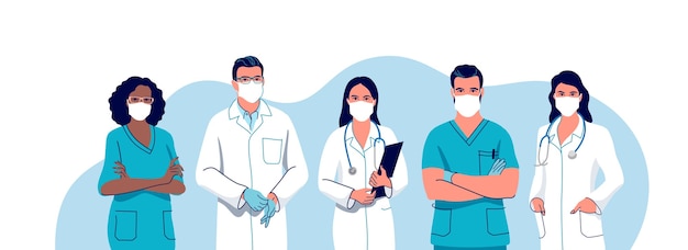 Vector doctors and nurses wearing a surgical face mask
