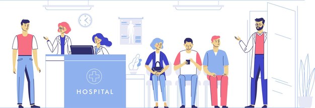 Doctors and Patients Queue in Hospital Reception