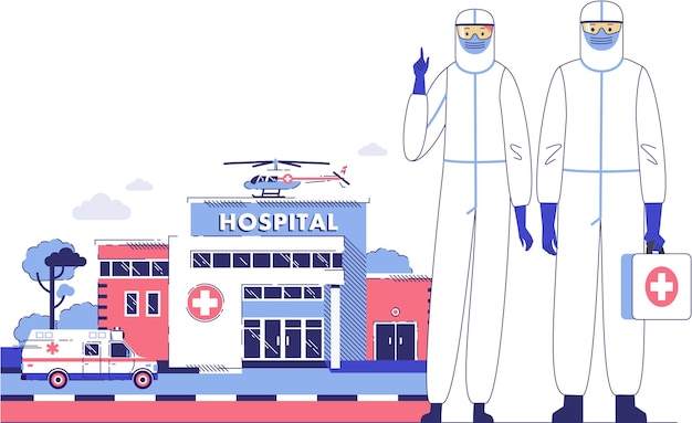 Vector doctors in protective suit standing on hospital building background