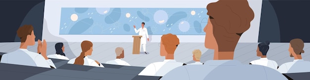 Vector doctors and scientists listening to speaker at medical conference professor of medicine lecturing or presenting scientific research colored flat vector illustration of audience at symposium hall