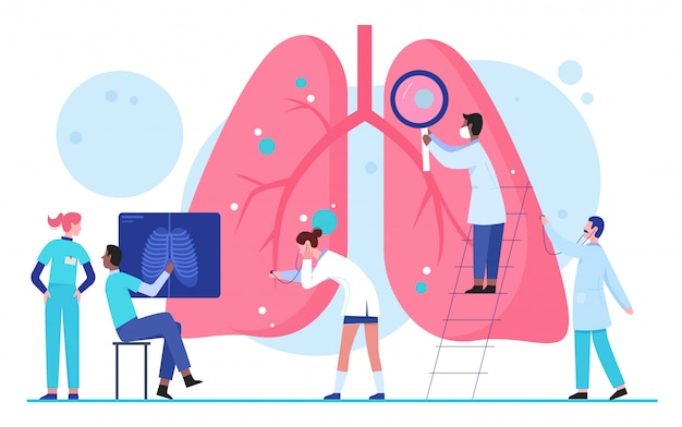 Doctors scientists people in laboratory researches lungs organ healthcare medical concept flat  illustration. Pulmonology, determine diagnosis, disease treatment. Internal organ inspection