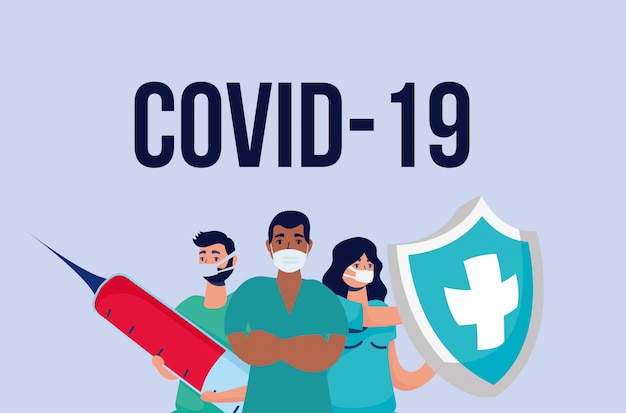 Personale medico con iniezione e scudo covid19