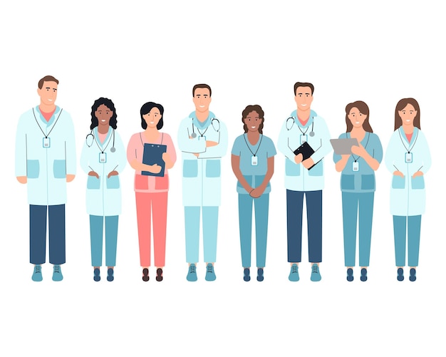 Vector doctors team concept medical specialists standing together flat cartoon style