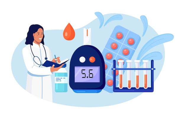 Medici che esaminano il sangue per lo zucchero e il glucosio, usando il glucometro per l'ipoglicemia o la diagnosi del diabete. apparecchiature per test di laboratorio, pillole e provette