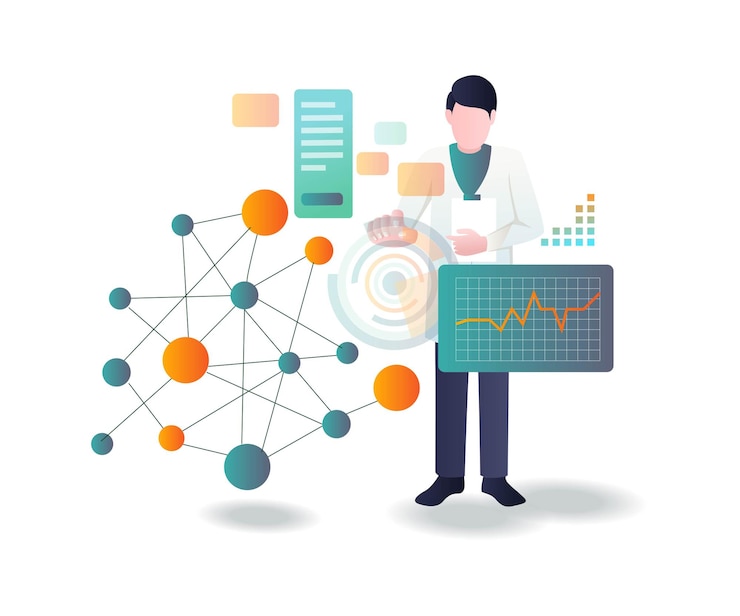 Vector doctors use digital for data in isometric illustration
