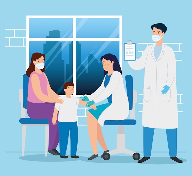 doctors vaccinating to family in consulting room
