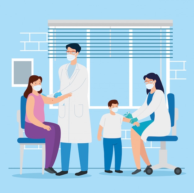 doctors vaccinating to family in consulting room
