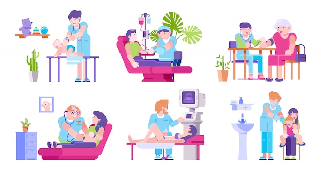 Doctors and visiting patients in medical clinic illustration isolated set.