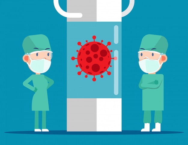 보호 복 및 연구 바이러스 세포와 의료 마스크를 착용하는 의사. 진단, Covid -19 유행성