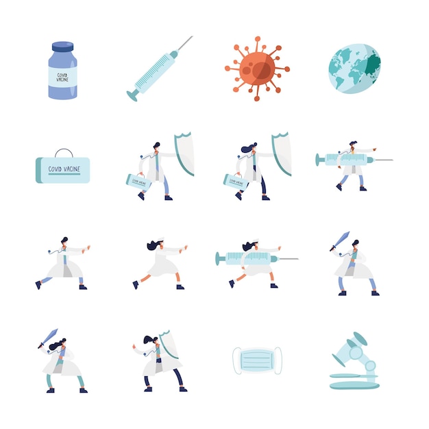 Врачи в медицинских масках с иллюстрацией иконок вакцины