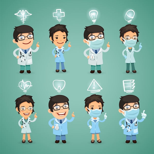 Doctors with icons set