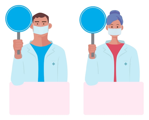 Doctors with plates and empty banners Medical staff attention doctor holding placard Healthcare and medicine vector illustration