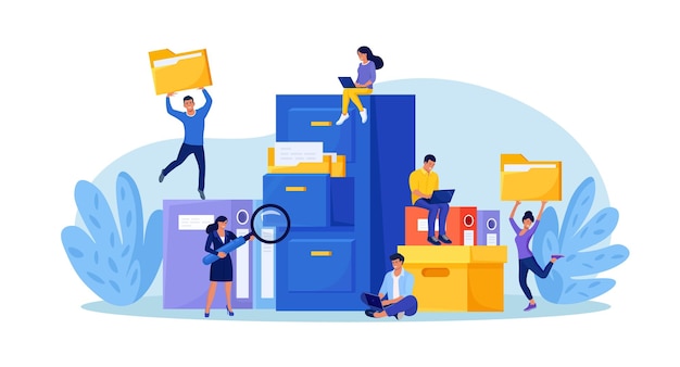 ベクトル 文書のアーカイブと保管 ビジネスマンがアーカイブ内のファイルを検索 サポートサービスデータベース 分析部門で情報文書と統計を扱う男性 アーカイブ内のフォルダー