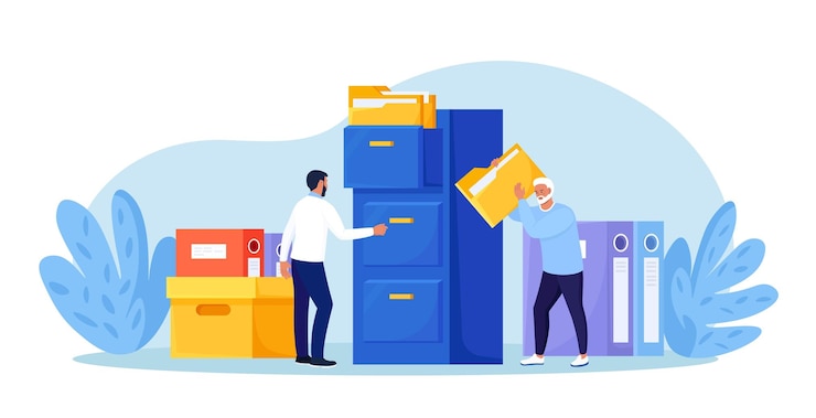 Vector document archiving and storage business people search files in archives support service database men working with information documents and statistics in analytical department folder in archive