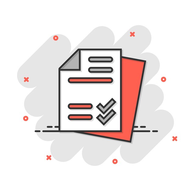 document checklist icon in comic style report cartoon vector illustration on white isolated background paper sheet splash effect business concept