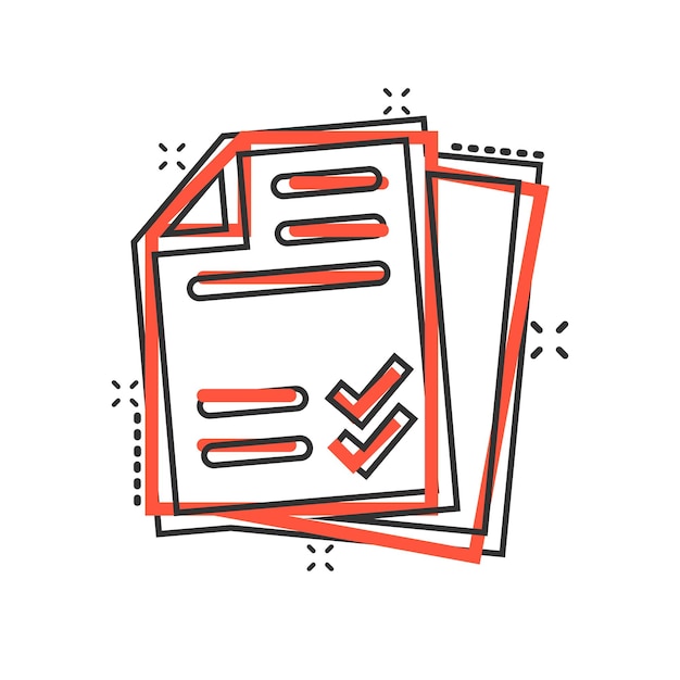 Икона контрольного списка документа в комическом стиле Отчет карикатурная векторная иллюстрация на белом изолированном фоне Бумажный лист эффект брызги бизнес-концепция