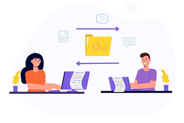 Совместная работа с документами, совместная работа в команде, обмен файлами в Интернете, концепция, векторные иллюстрации.