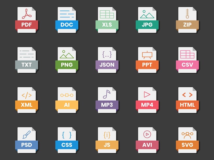 Vector 문서 파일 형식 폴더 pdf doc xls jpg zip txt png json ppt csv xml ai mp3 mp4 html psd css js