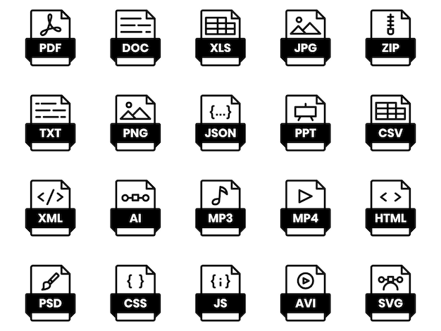 Document file format folder pdf doc xls jpg zip txt png json ppt csv xml ai mp3 mp4 html psd css js