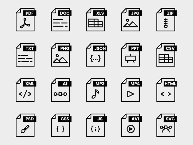 Vector 문서 파일 형식 폴더 pdf doc xls jpg zip txt png json ppt csv xml ai mp3 mp4 html psd css js