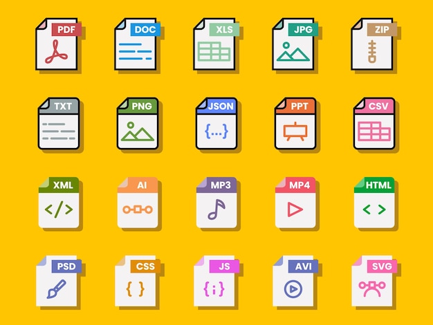 Папка формата файла документа pdf doc xls jpg zip txt png json ppt csv xml ai mp3 mp4 html psd css js