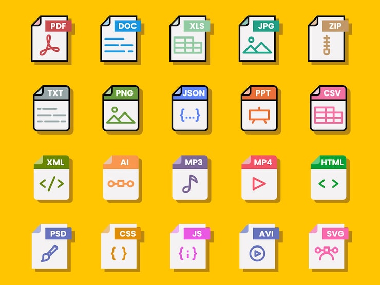 Vector 문서 파일 형식 폴더 pdf doc xls jpg zip txt png json ppt csv xml ai mp3 mp4 html psd css js