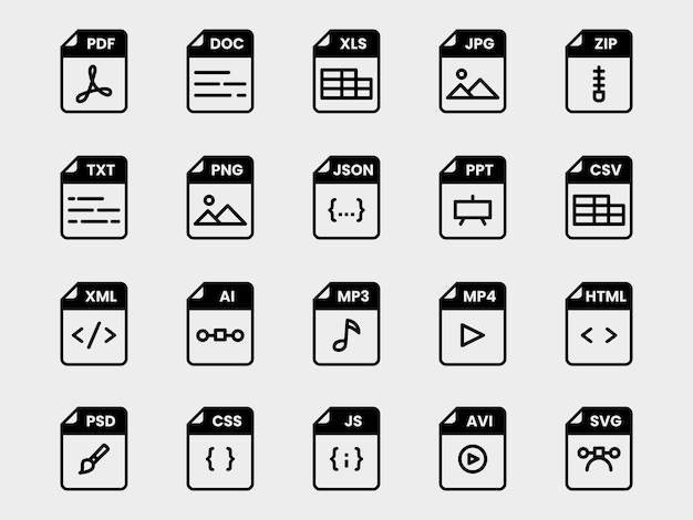 Document file format folder pdf doc xls jpg zip txt png json ppt csv xml ai mp3 mp4 html psd css js