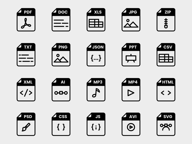Vector 문서 파일 형식 폴더 pdf doc xls jpg zip txt png json ppt csv xml ai mp3 mp4 html psd css js